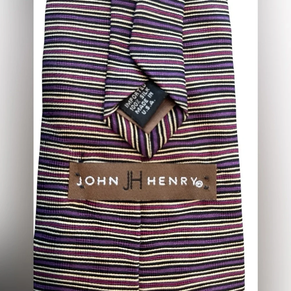 💜🩷JOHN HENRY Striped Black, Purple, Pink and Tan Men’s Tie. Pure Silk.